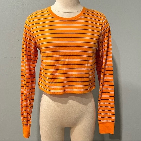 Zine Orange Stripes Long Sleeve Cropped Shirt Size Small - Picture 1 of 6
